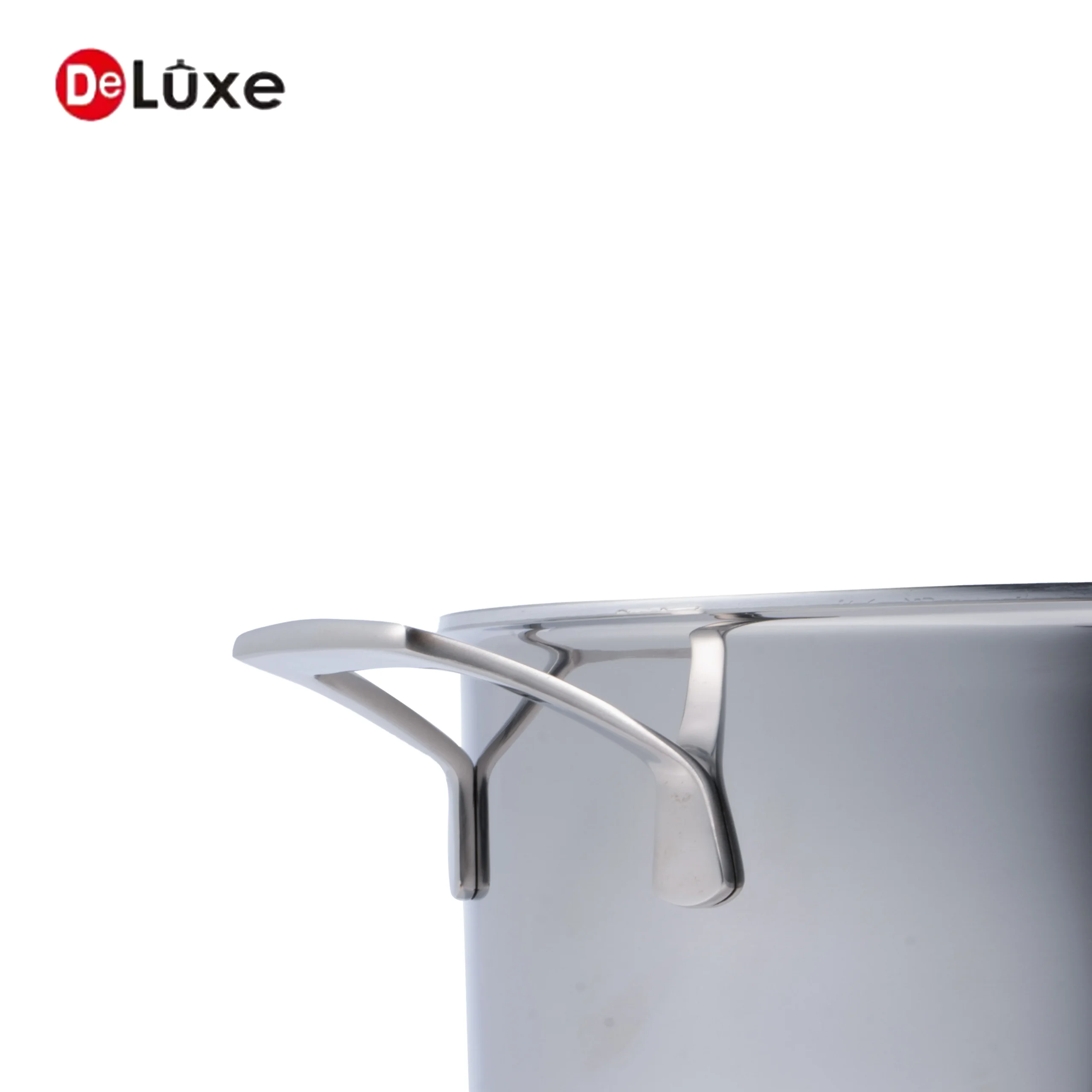 Close-up of DELUXE stainless steel stock pot handle with durable welded construction