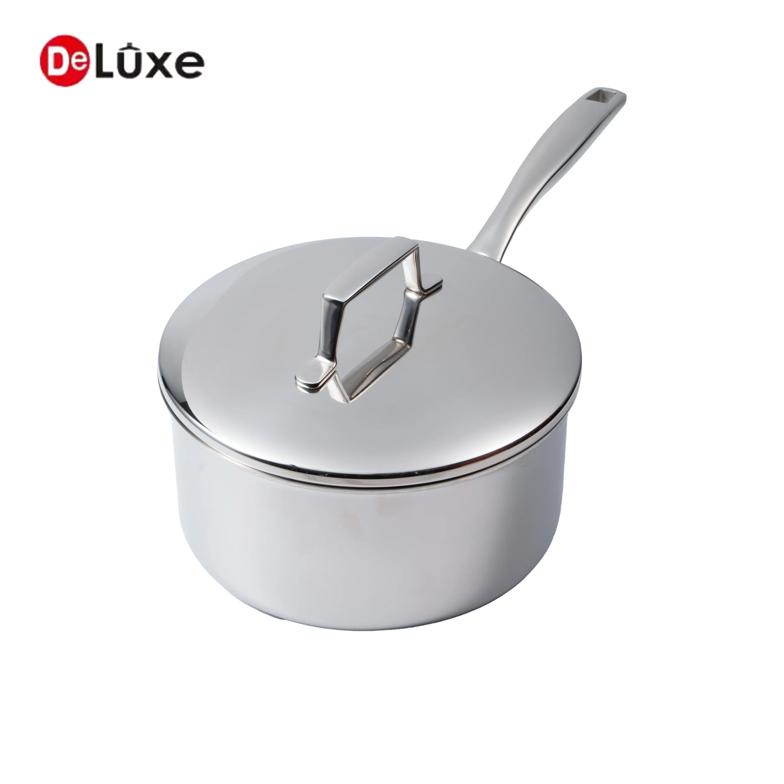 Deluxe stainless steel saucepan with lid angle view