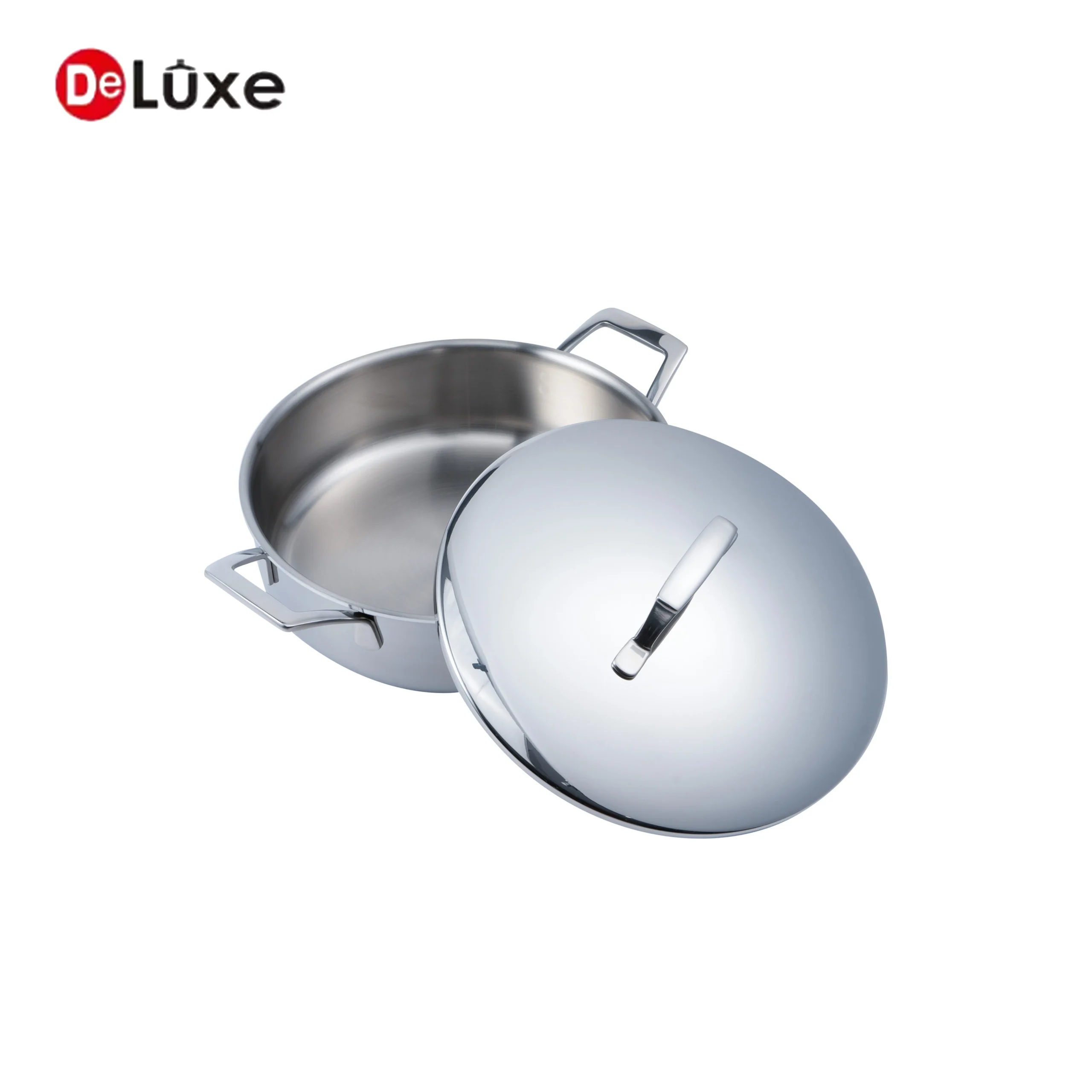 Deluxe stainless steel stock pot with open lid showing interior finish