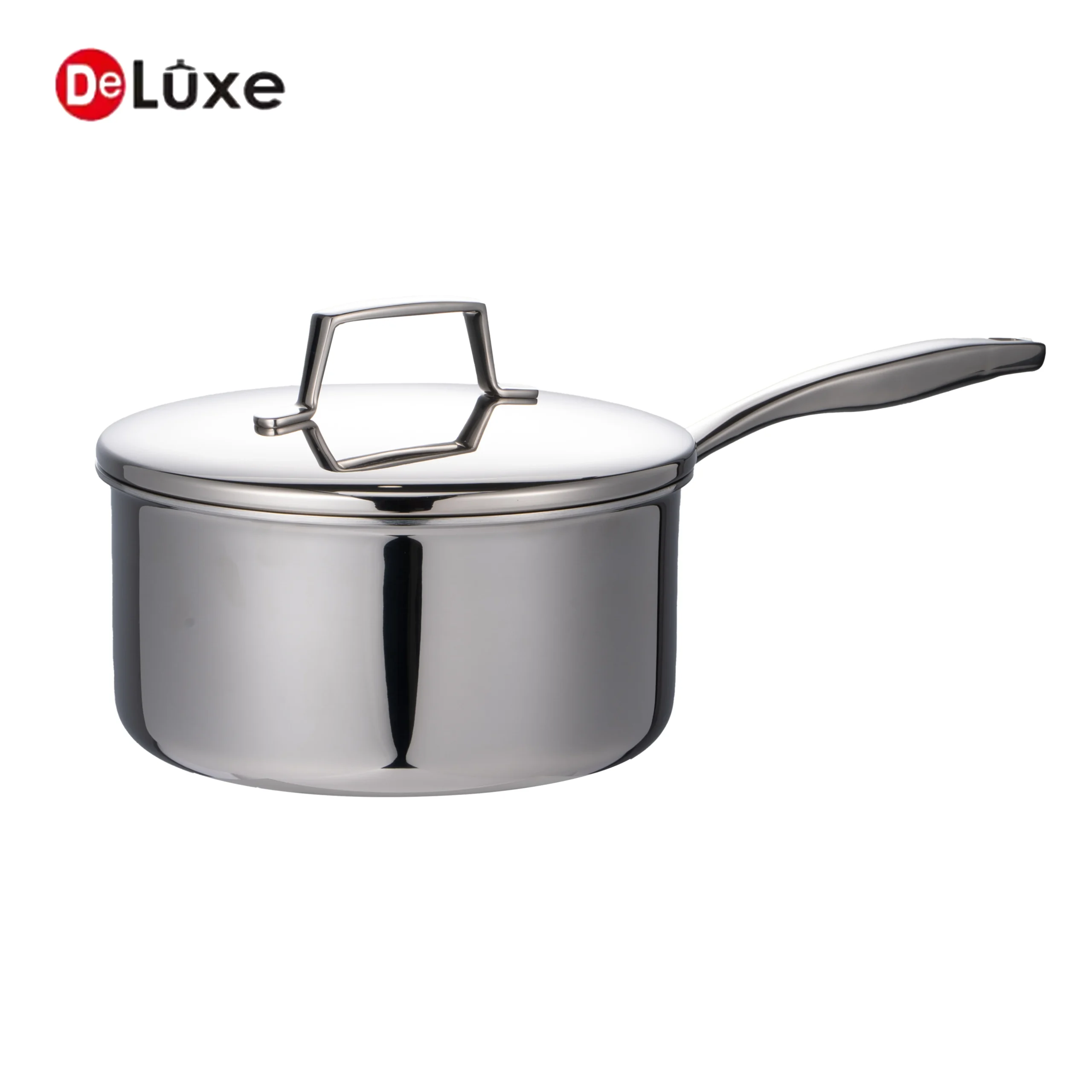 Deluxe tri ply stainless steel saucepan with lid front view